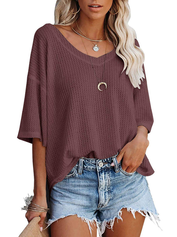 SHOPIQAT New V Neck Dolman Sleeve Waffle Knit Loose Solid Color Short Sleeve T-Shirt - Premium from shopiqat - Just $7.500! Shop now at shopiqat